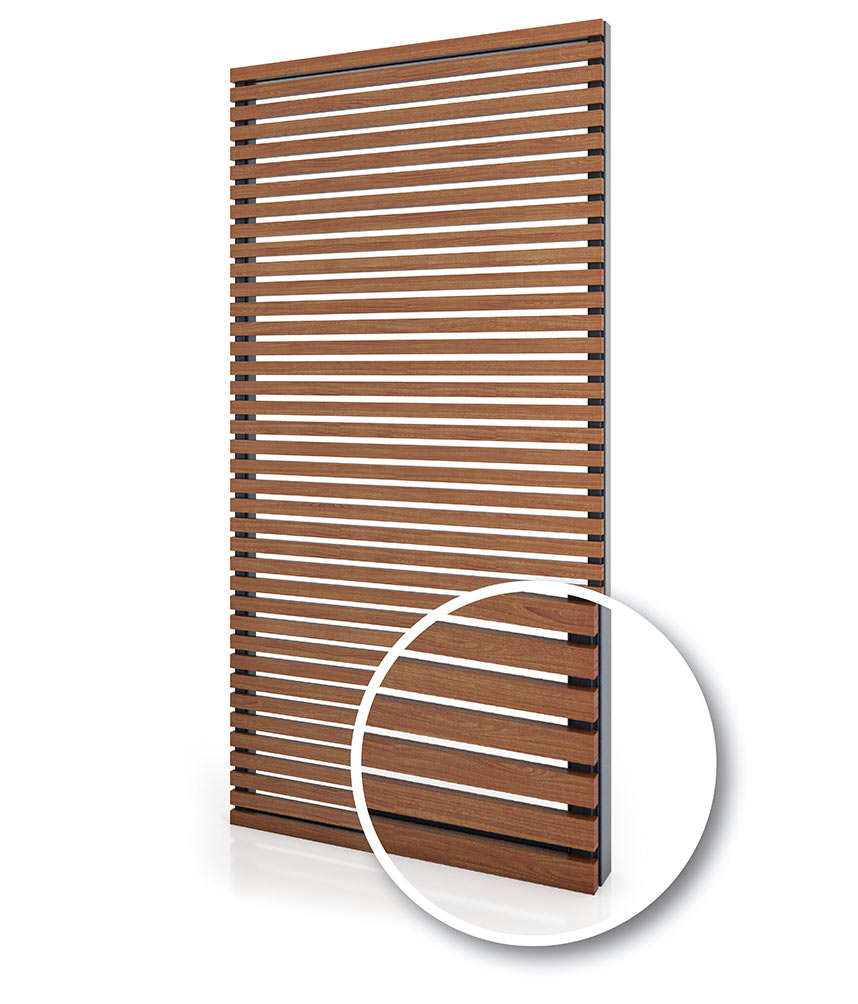 Volets persienne à lames fixes en aluminium, bois et HPL